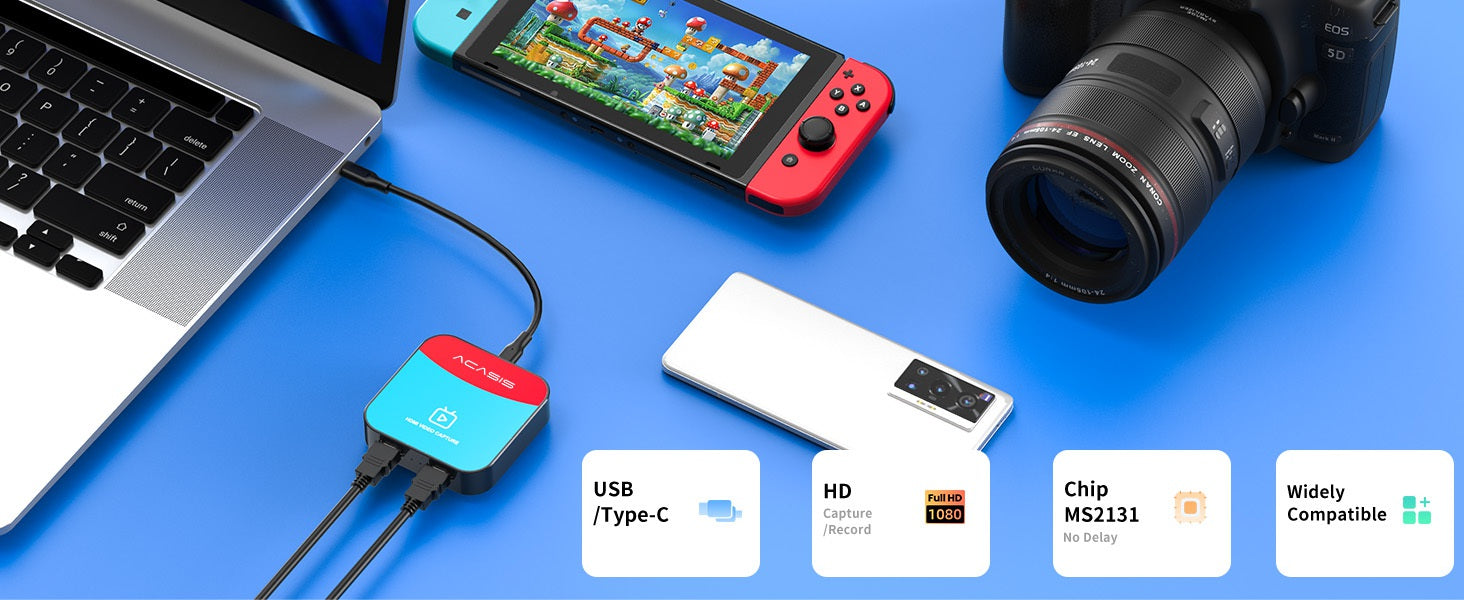 ACASIS HDMI HD Video Capture Card 4K 30P In/Out 1080P 60fps For Game/Video Live Stream, Nintendo Switch