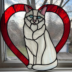 White Cat made with Stained Glass surrounded by a Red Heart