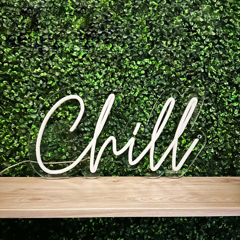 Chill neon sign in pure white with clear backboard 