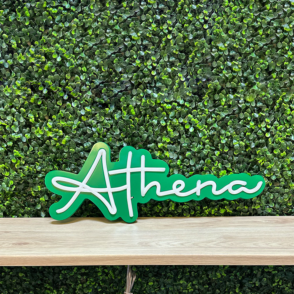 Athena LED neon sign with green backboard