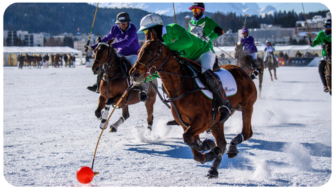 Menschen spielen auf einem Pferd im Schnee