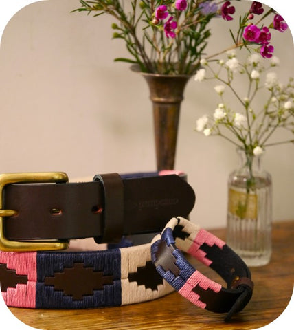 pink navy and cream leather belt