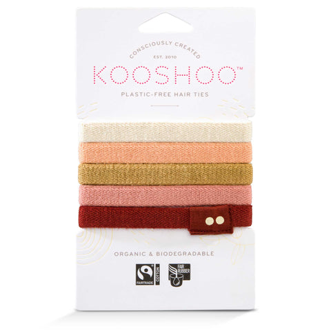 KOOSHOO ginger hair tie pack front of packaging maroon, salmon pink, gold, apricot, brown and white hair ties on pack