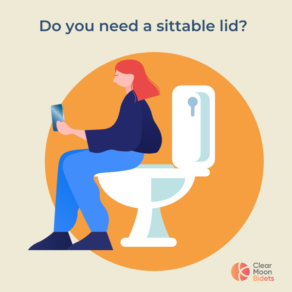 Image of woman sitting on bidet toilet seat lid, looking at her phone