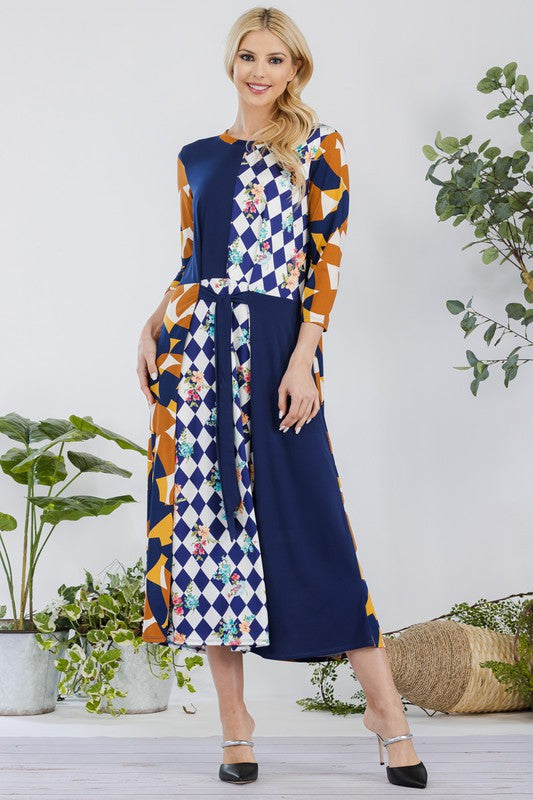 Celeste Full Size Multi Pattern Front Tie Midi Dress Plus Size