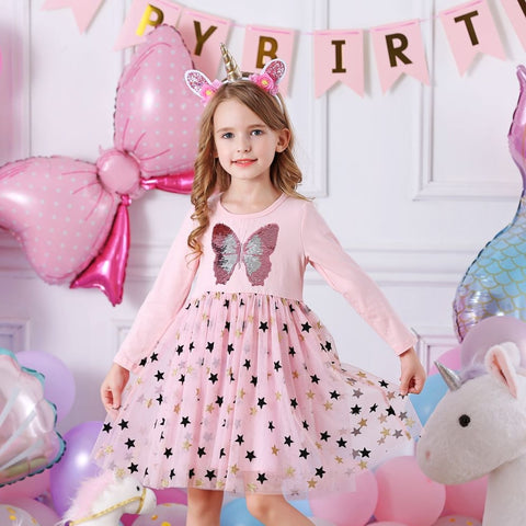 Pink Cotton Little Girl Long-Sleeve Sequin Butterfly Tulle Dress