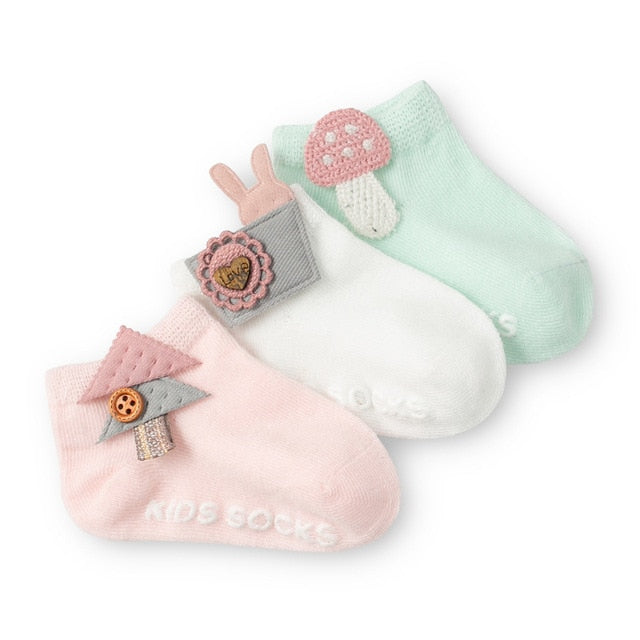 Pink White Mint 3-Pack Baby Cotton Socks with Non-Skid Gripper for Fall Resistance
