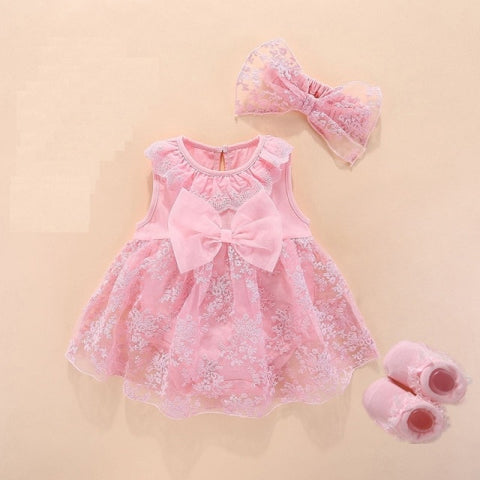 Pink Baby Sleeveless Lace Dress with Headband and Shoes Set