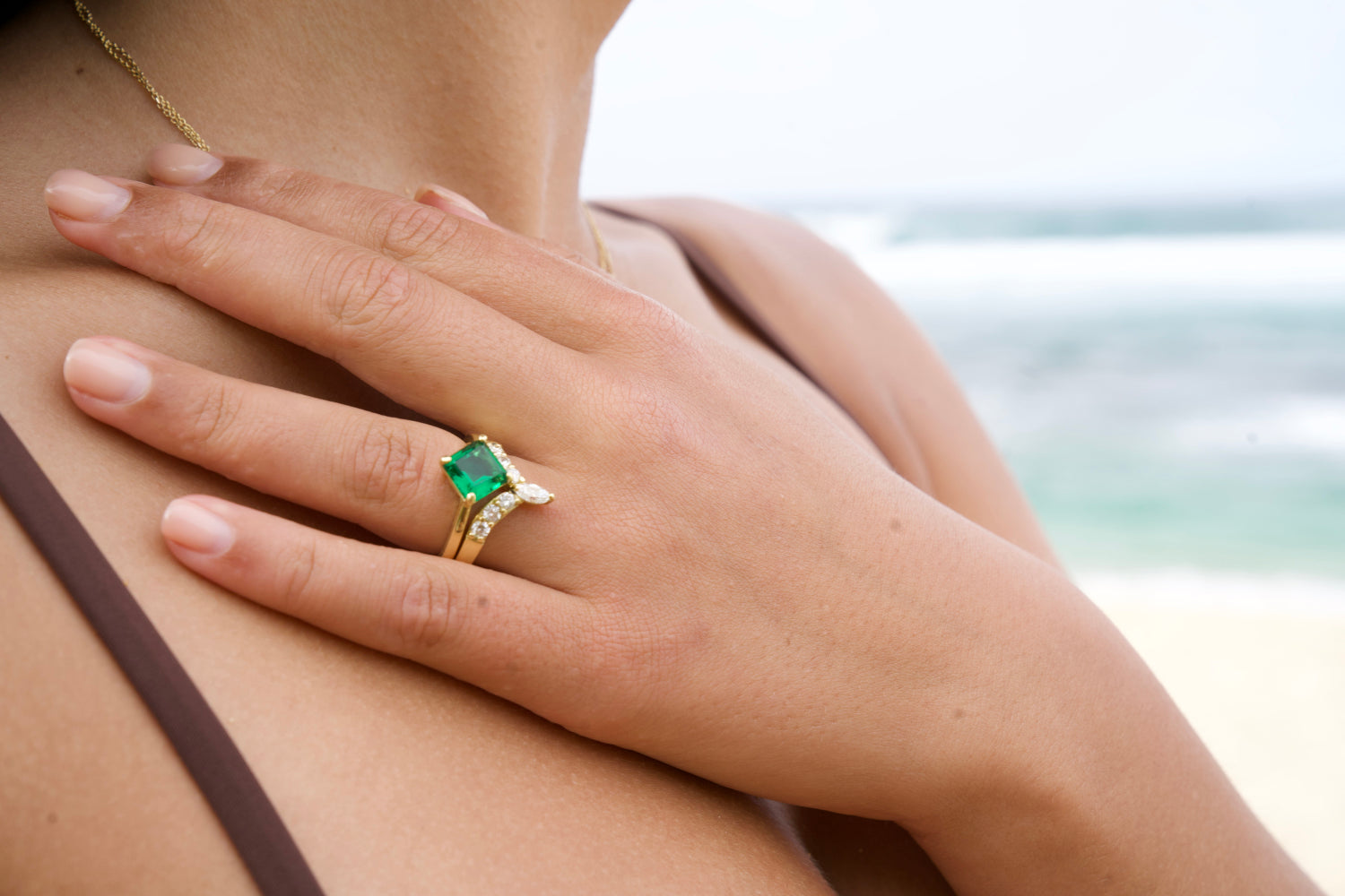 Kite-Set Lab-Grown Square Cut Emerald Ring