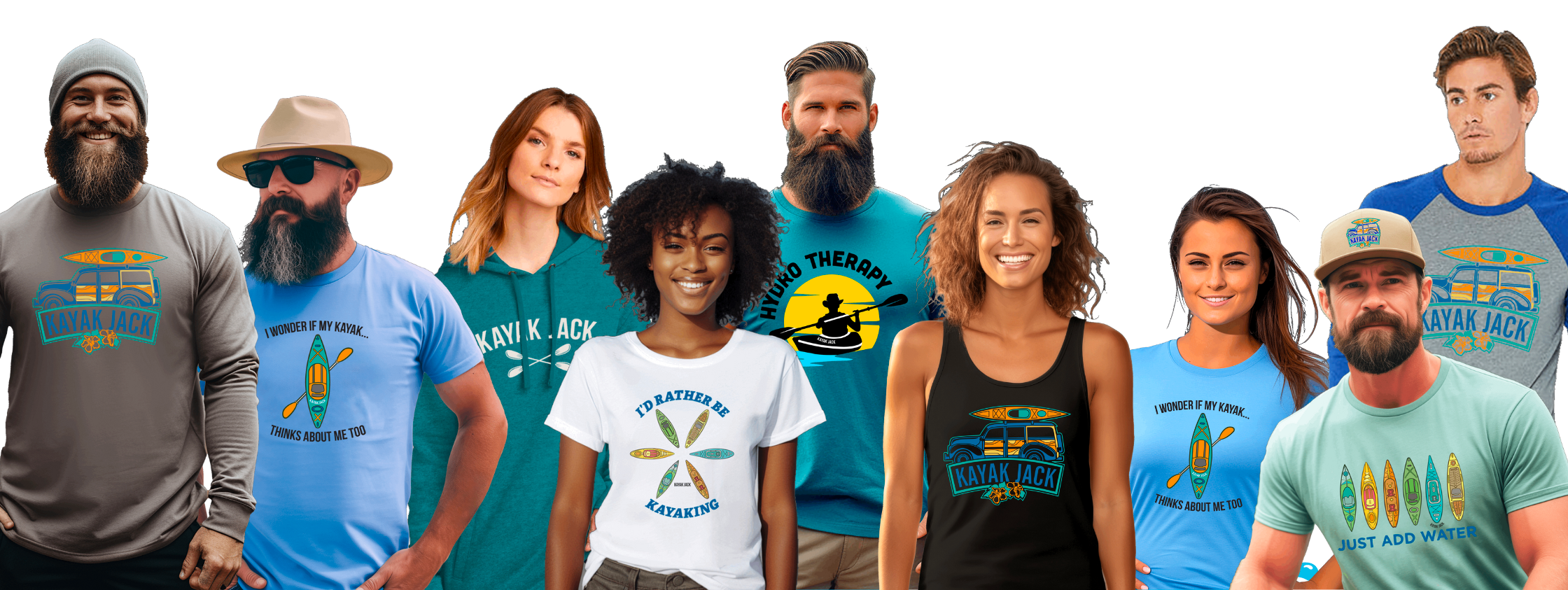 Kayak Jack T-shirts, Sweatshirts Tees and UPF 50 Sun Shirts. A brand for kayakers who love kayaking.