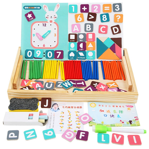 Math manipulative set with rods, clock movable numbers and math signs