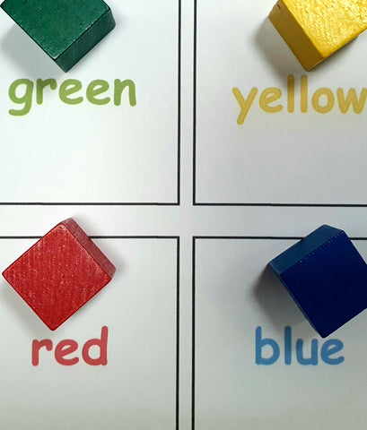 Picture that demonstrates educational matching of block color with color word 
