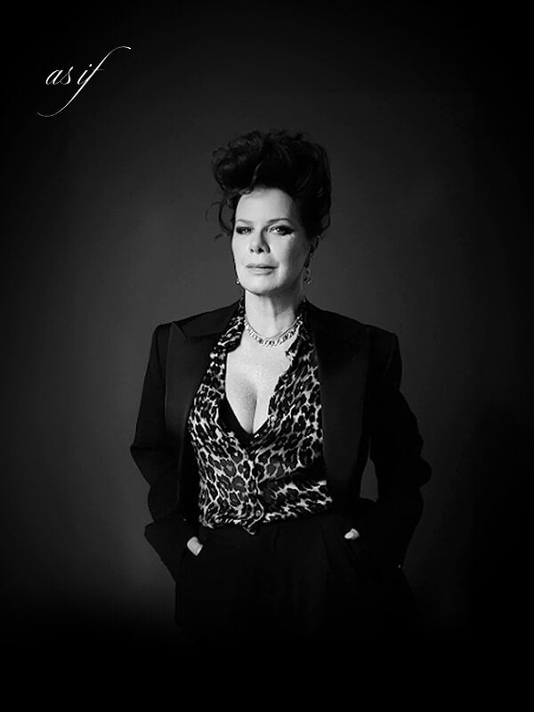 AS IF MAGAZINE: Marcia Gay Harden Wearing the Nigel Curtiss Boyfriend Tuxedo and Leopard Chiffon Shirt.