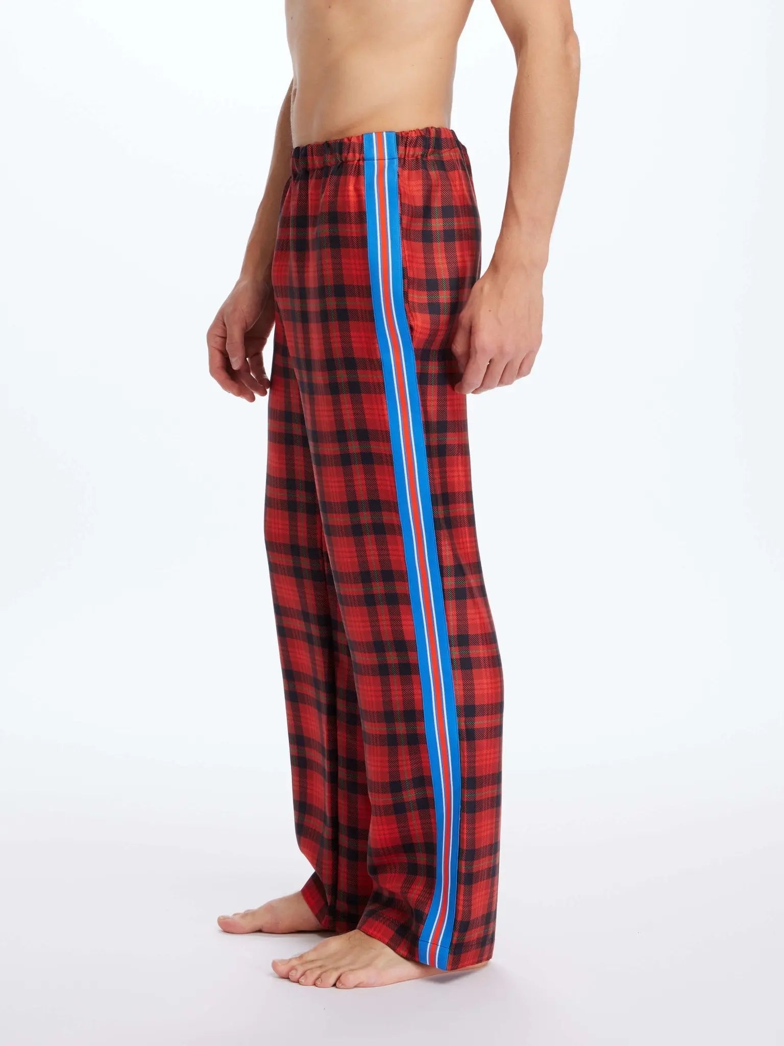 Image of Mens Royal Stewart Tartan Silk Pajama Pant With Stripe