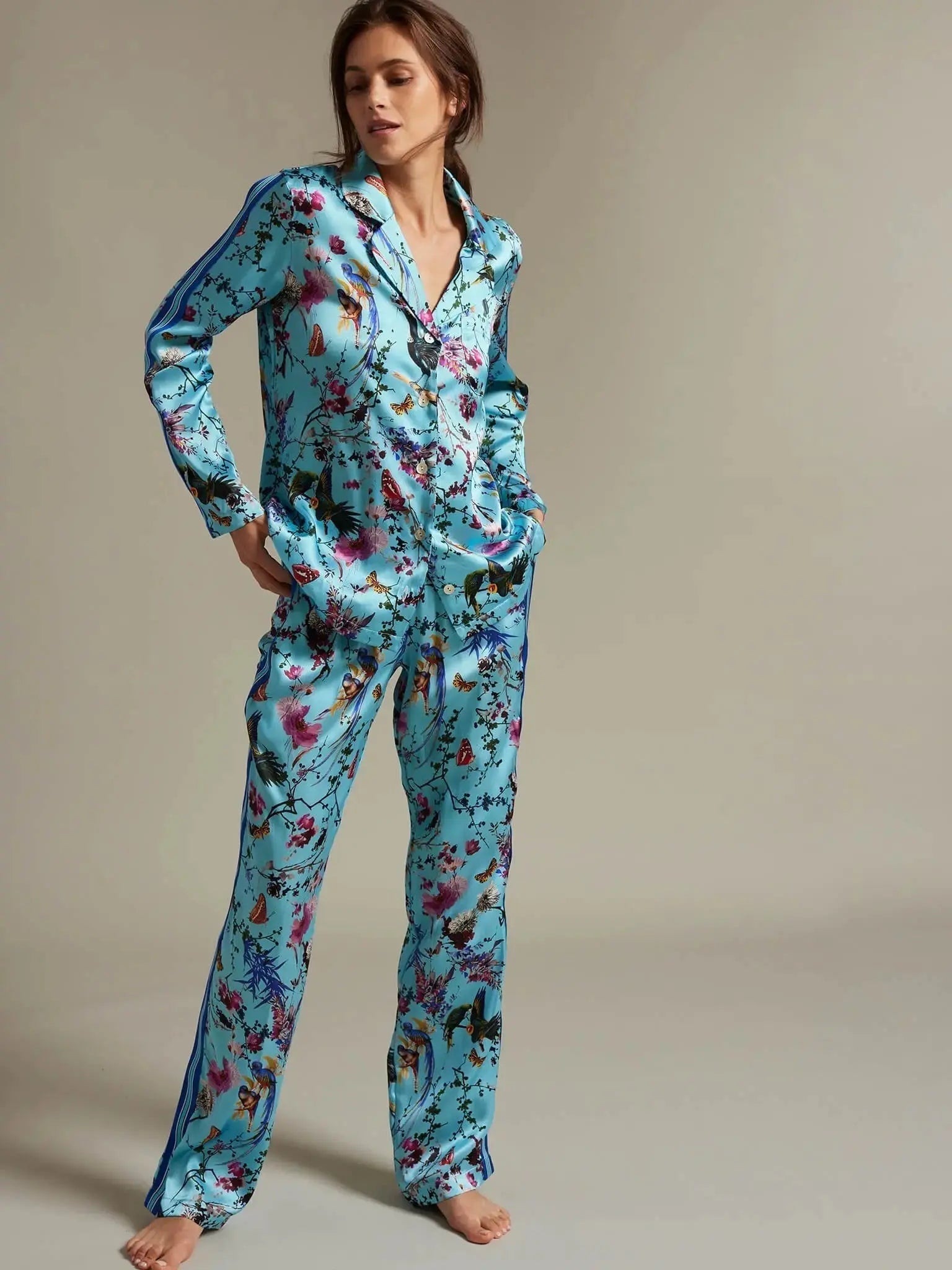 Image of Women's Birds And Butterflies Silk Pajama Set With Stripe