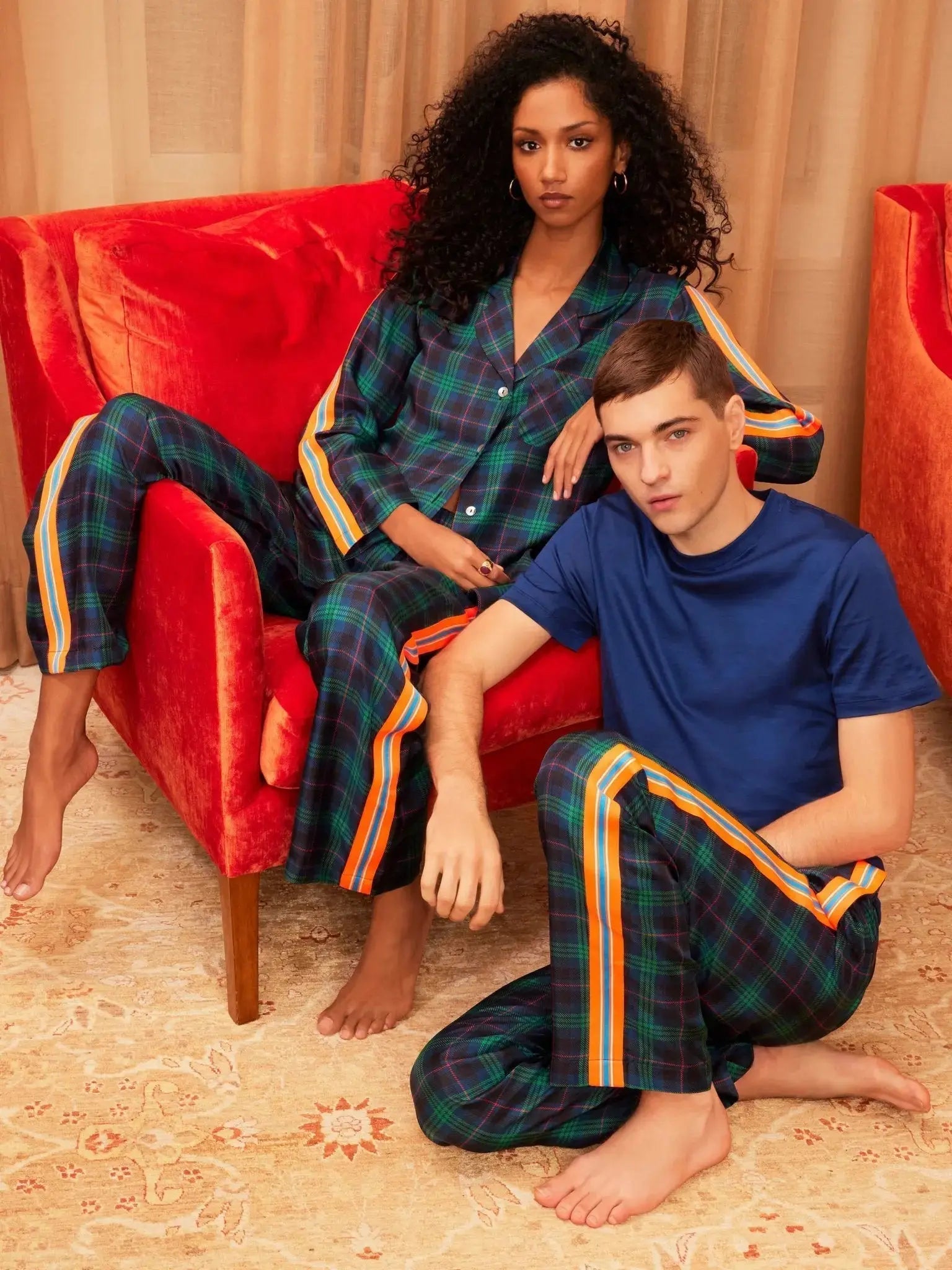 Image of Women's Blackwatch Tartan Silk Pajama Set With Stripe