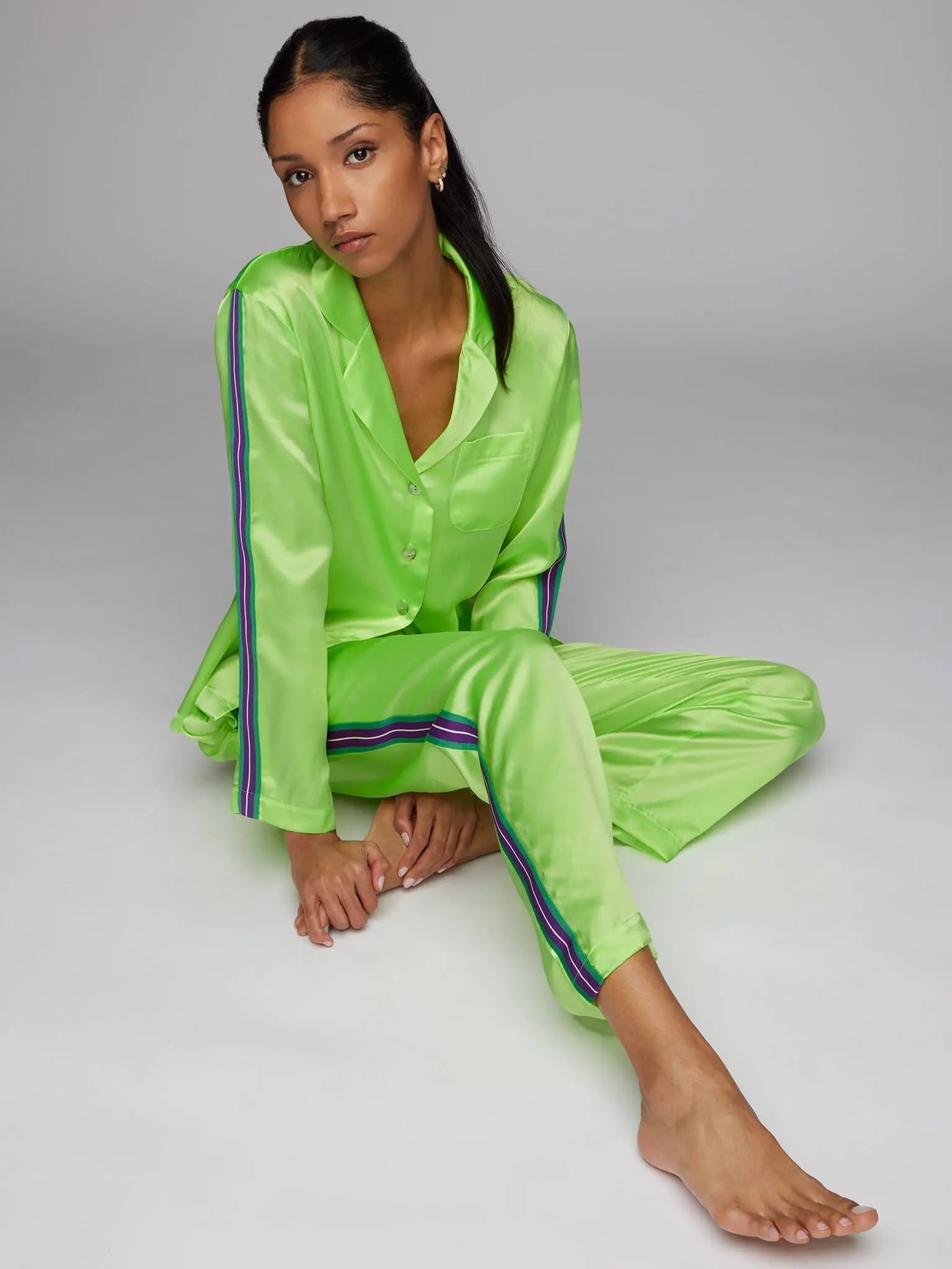 Image of Women's Glossy Lime Green Silk Pajama Set With Stripe