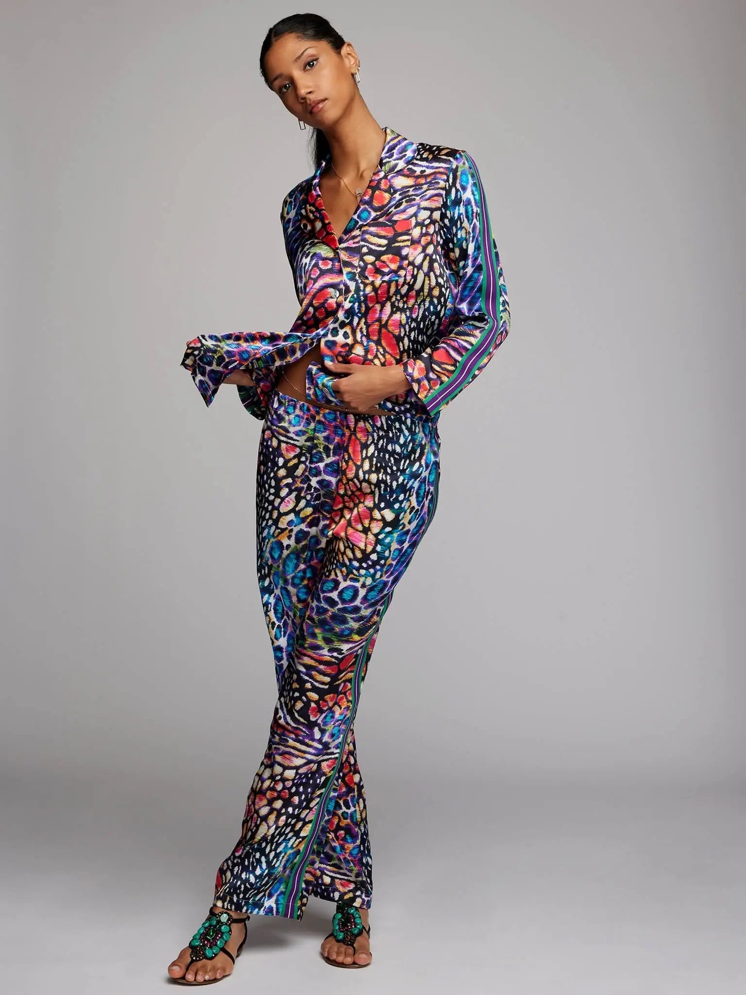 Image of Women's Rainbow Leopard Silk Pajama Set With Stripe