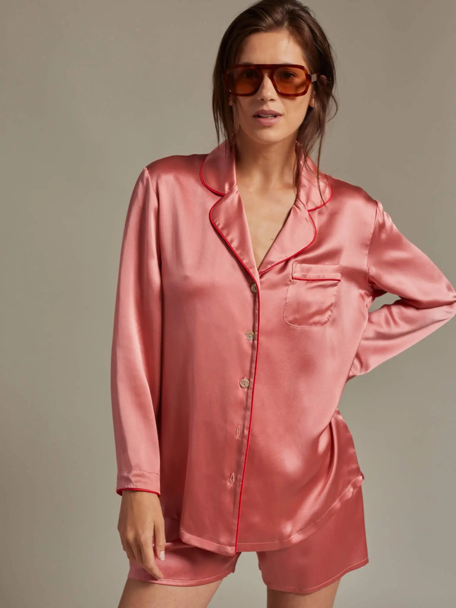 Image of Women's Silk Shirt And Boxer Short Pajama Set With Piping In Blush