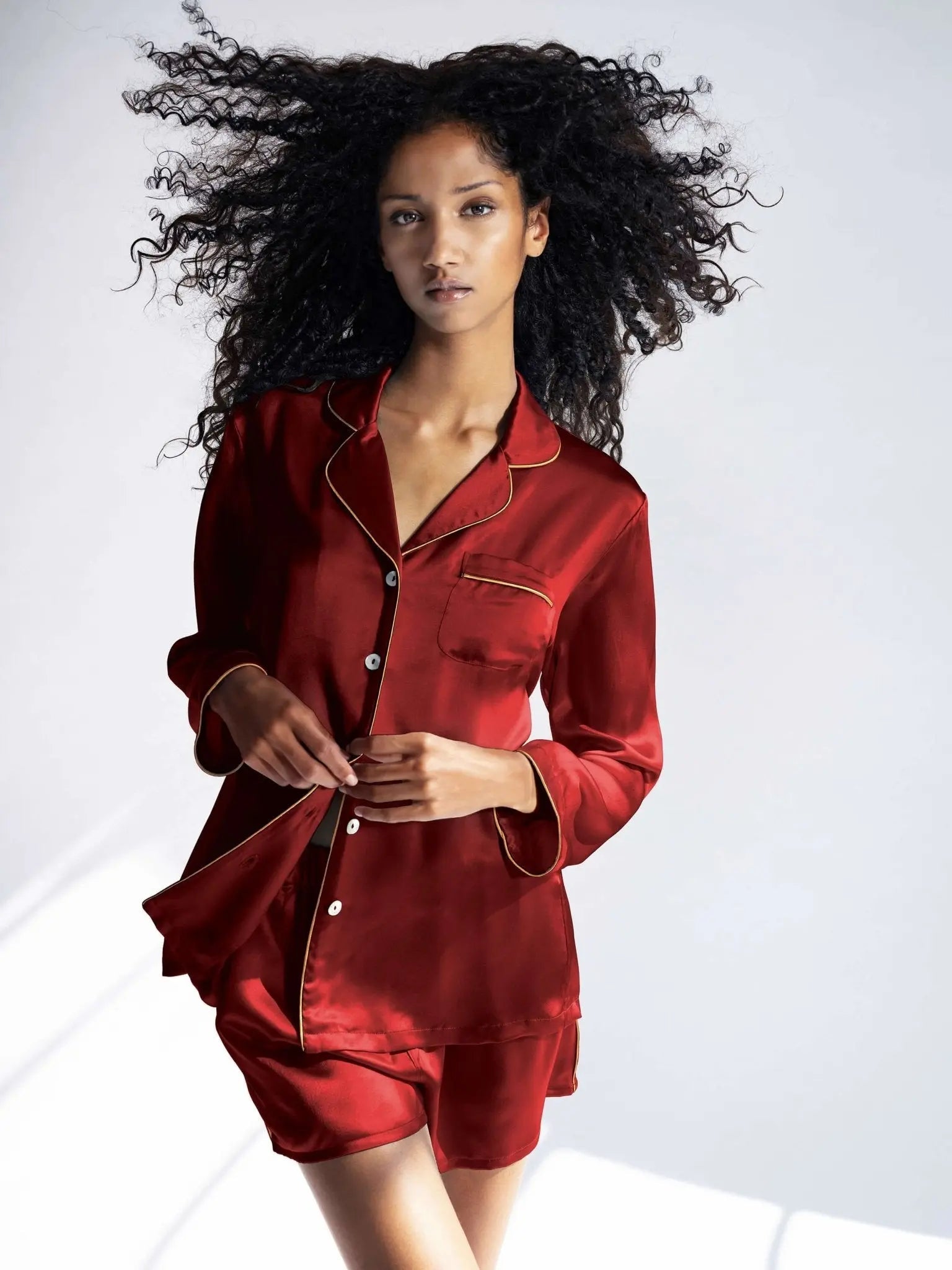 Image of Women's Silk Shirt And Boxer Short Pajama Set With Piping In Red