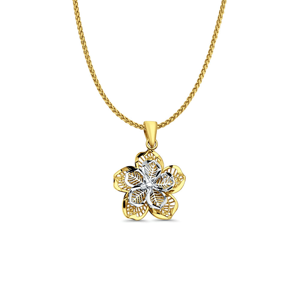 14K Two Color Gold Filigree Flower Pendant 20mmX16mm With 16 Inch To 24 Inch 0.8MM Width DC Round Wheat Chain Necklace