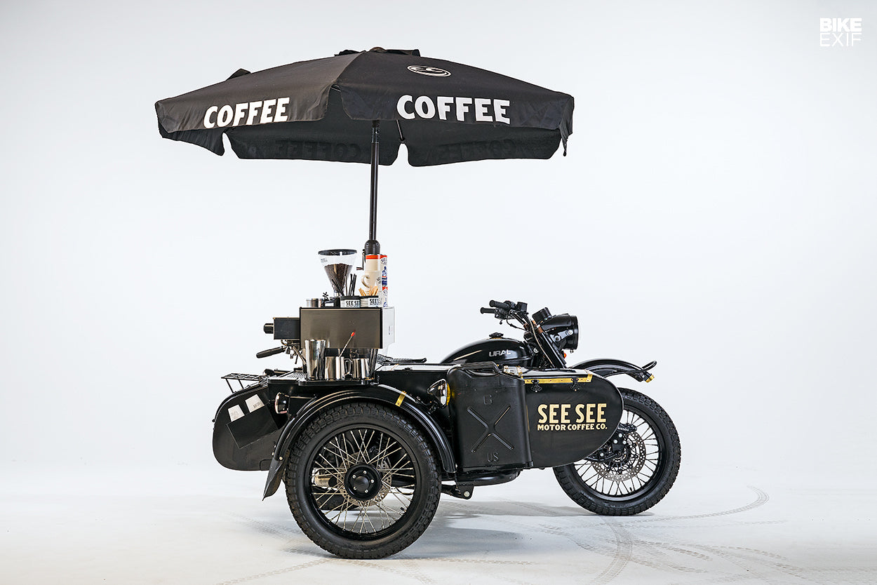 Mobile coffee bar built into a motorcucle
