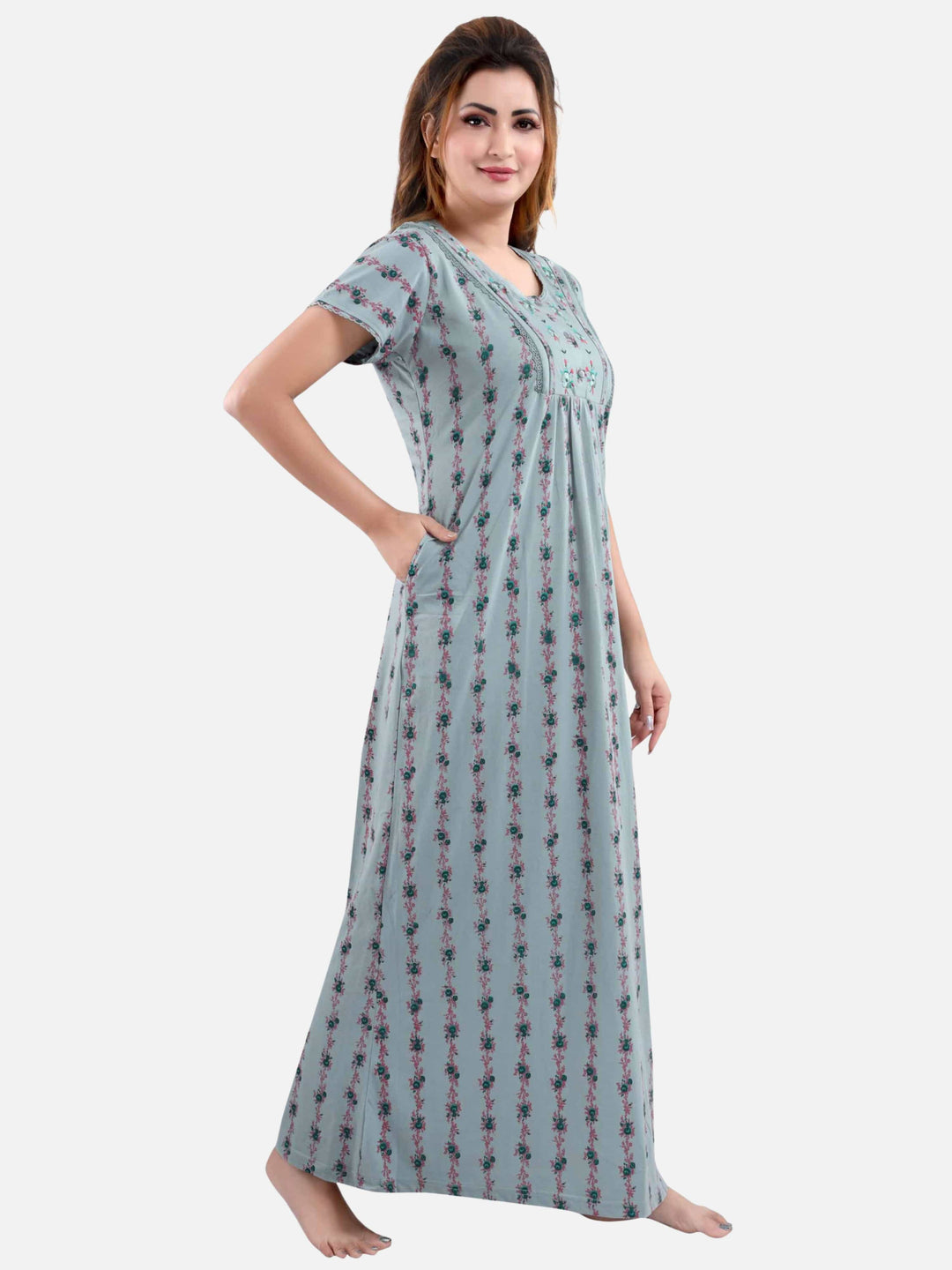 Buy Kavanng Women's Alpine Nighty - with Alpine Designer Neckline Lace,  Flower Leaf Abstract Print and Different Design Laced Sleeves Alpine Nighty,  Night Gown, Alpine Maxi (XL, Blue) Online at Best Prices