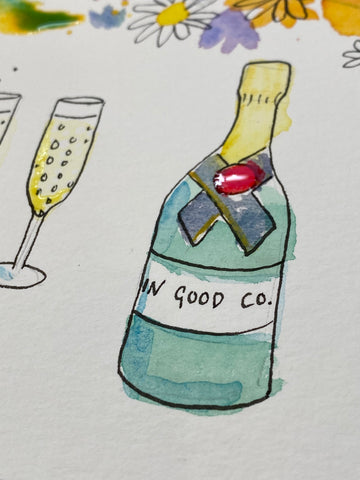Close up image of watercolour champagne bottle painted for In Good Company brief