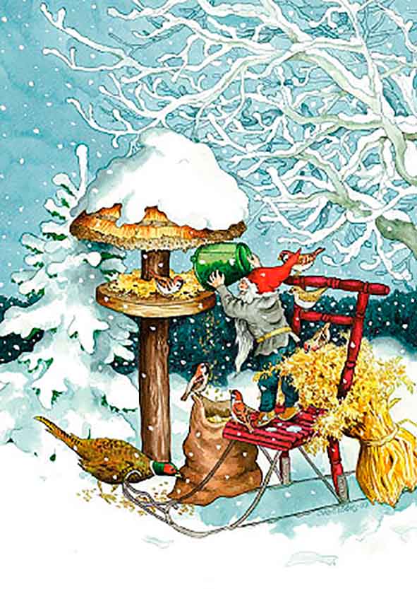 Inge Löök Christmas card - Elf and the birds' Christmas food – Putinki