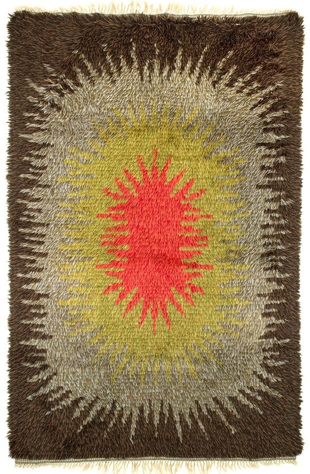 1960s wool rug with sunburst pattern in brown, chartreuse and orange