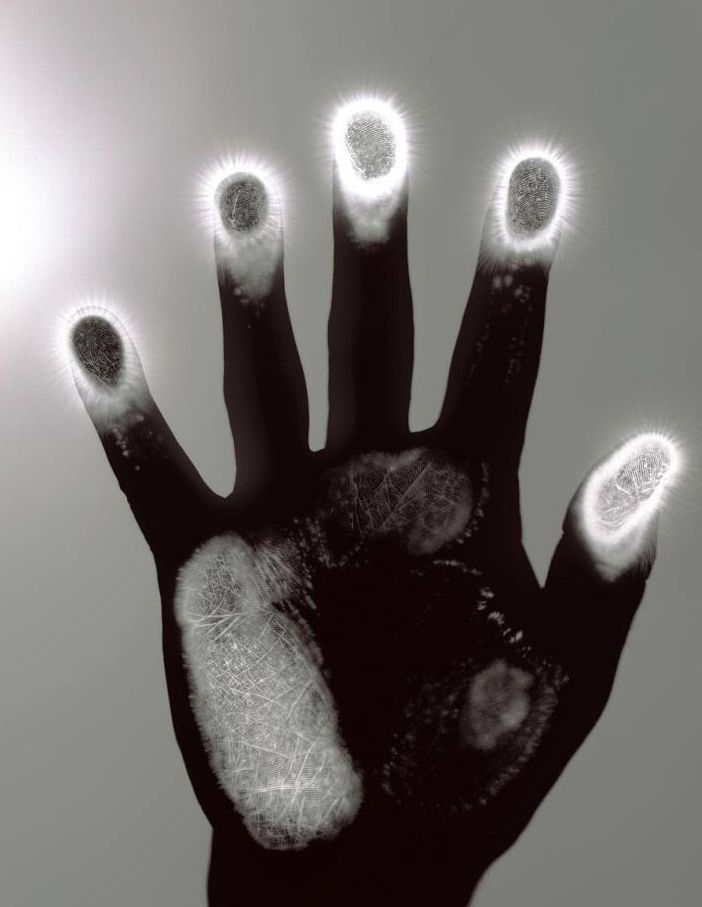 Black and white photo of a hand pressing fingertips on a frosted glass pane