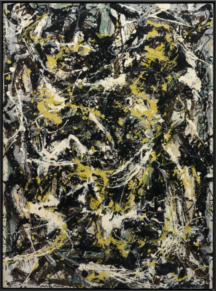 Kinetic painting by Jackson Pollock named "Number 5" with splashes of black, white, grey and chartreuse