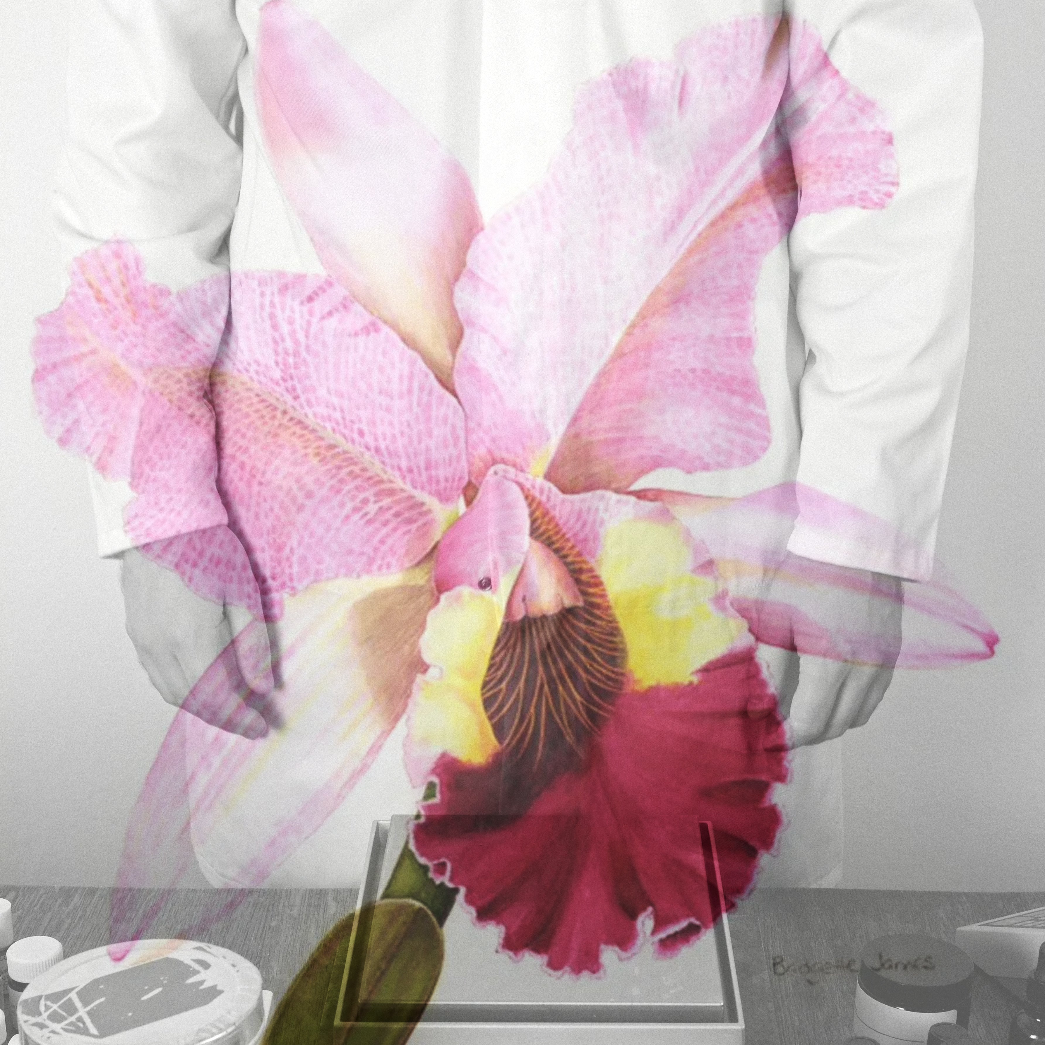Perfumer in white lab coat overlaid with image of pink orchid