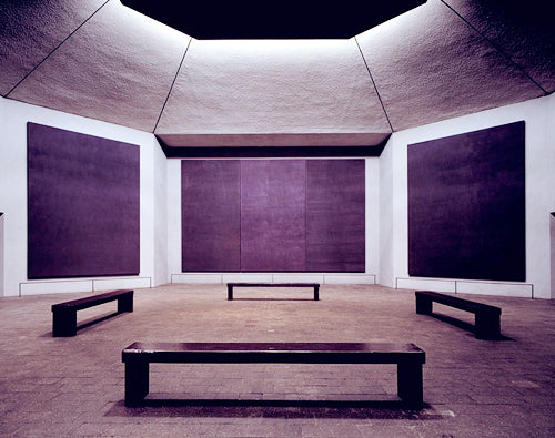 Interior of Rothko Chapel with large deep purple paintings by Mark Rothko