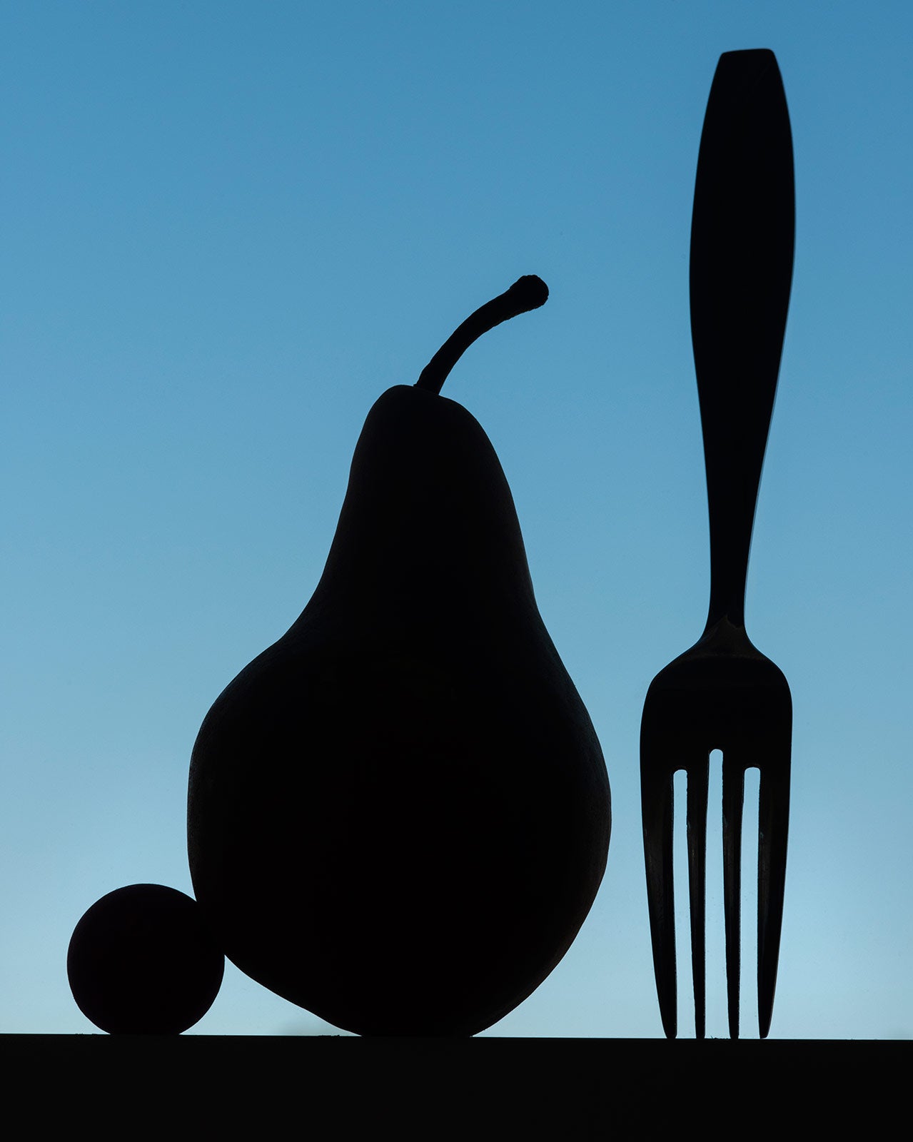 Jorum Studio Pentimento Visual Journey Sergiy Barchuk photograph of pear, plum and fork silhouette in surreal style with blue background