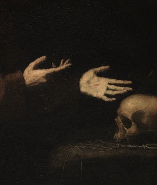 Dutch style painting featuring two hands gesturing at a skull