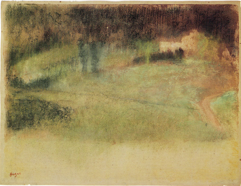 Painting titled River Banks by Edgar Degas featuring blurred landscape in greens and browns