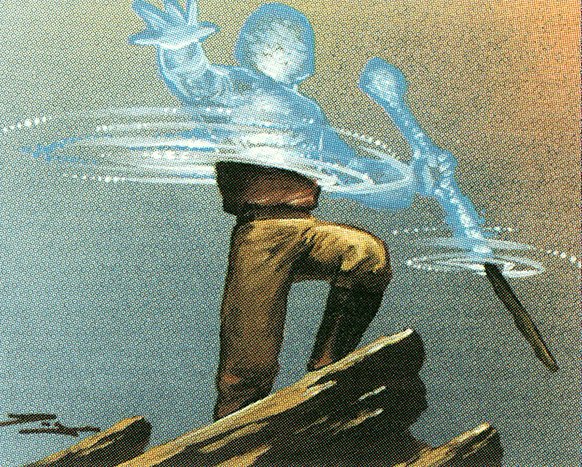Illustration of wizard with staff whose upper body is turning into magical blue light