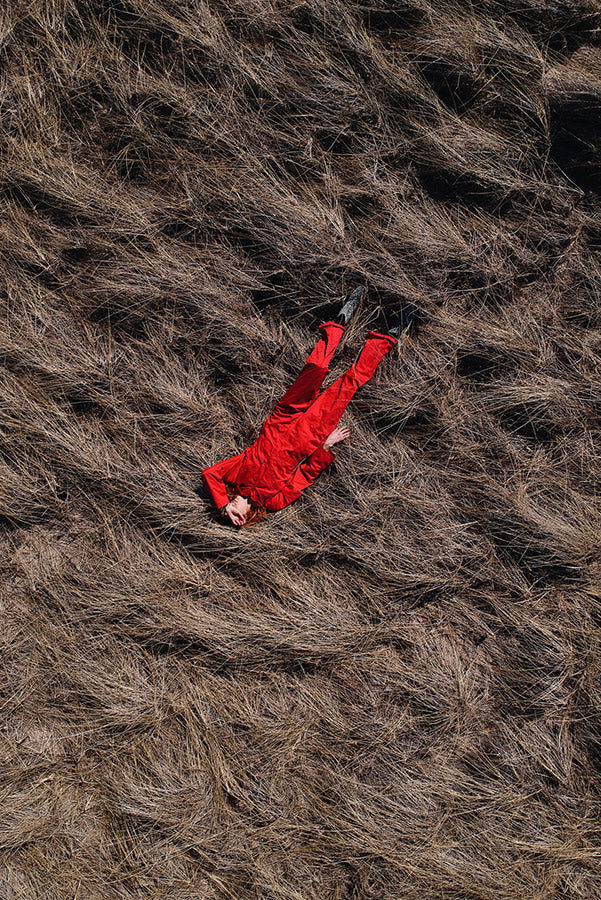 James Lacroix Red clothed person lying in field