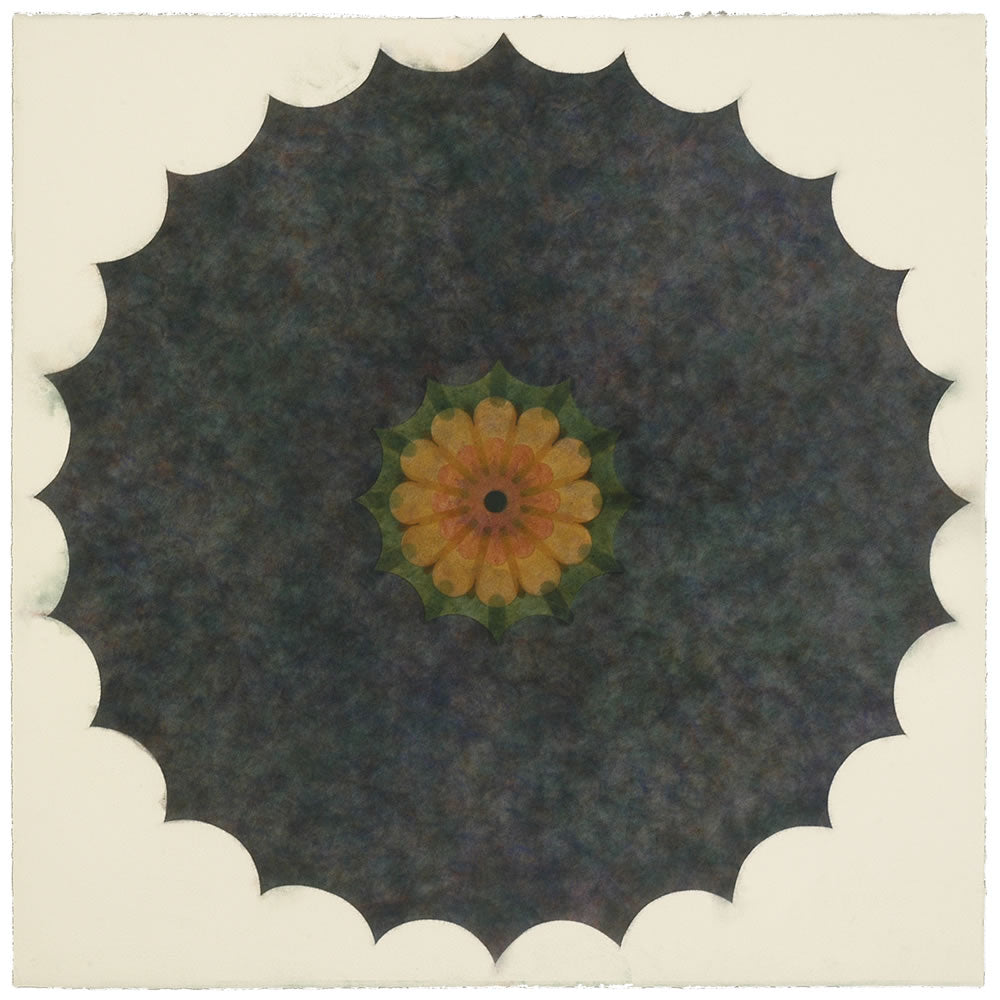 Image of pigment painting Pop Flower by Mary Judge featuring scalloped concentric circles in grey, green, mustard, brown