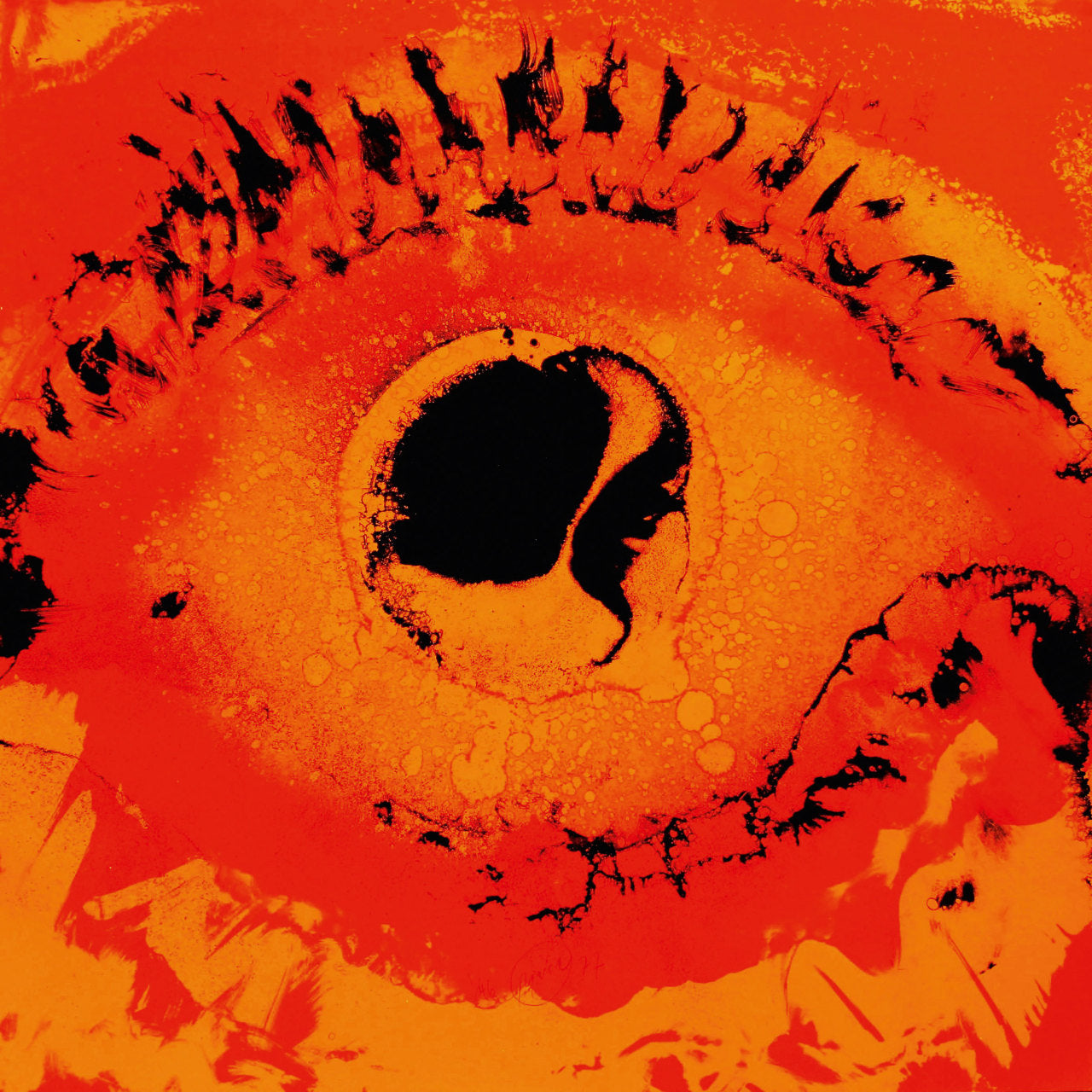 abstract close up image of an eye in bright orange, red and black by Otto piene
