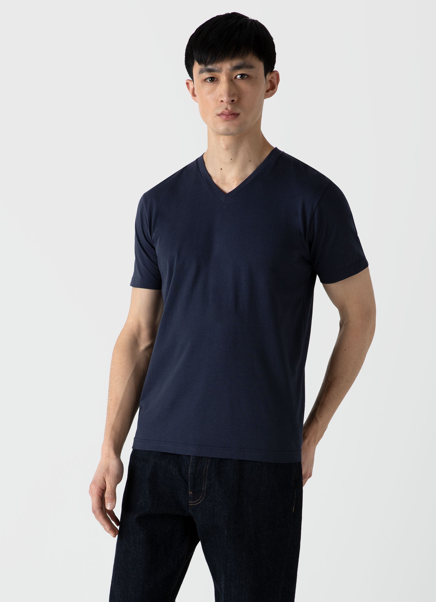 Sleeve Men\'s Neck | Sunspel Long Roll in T-shirt Navy