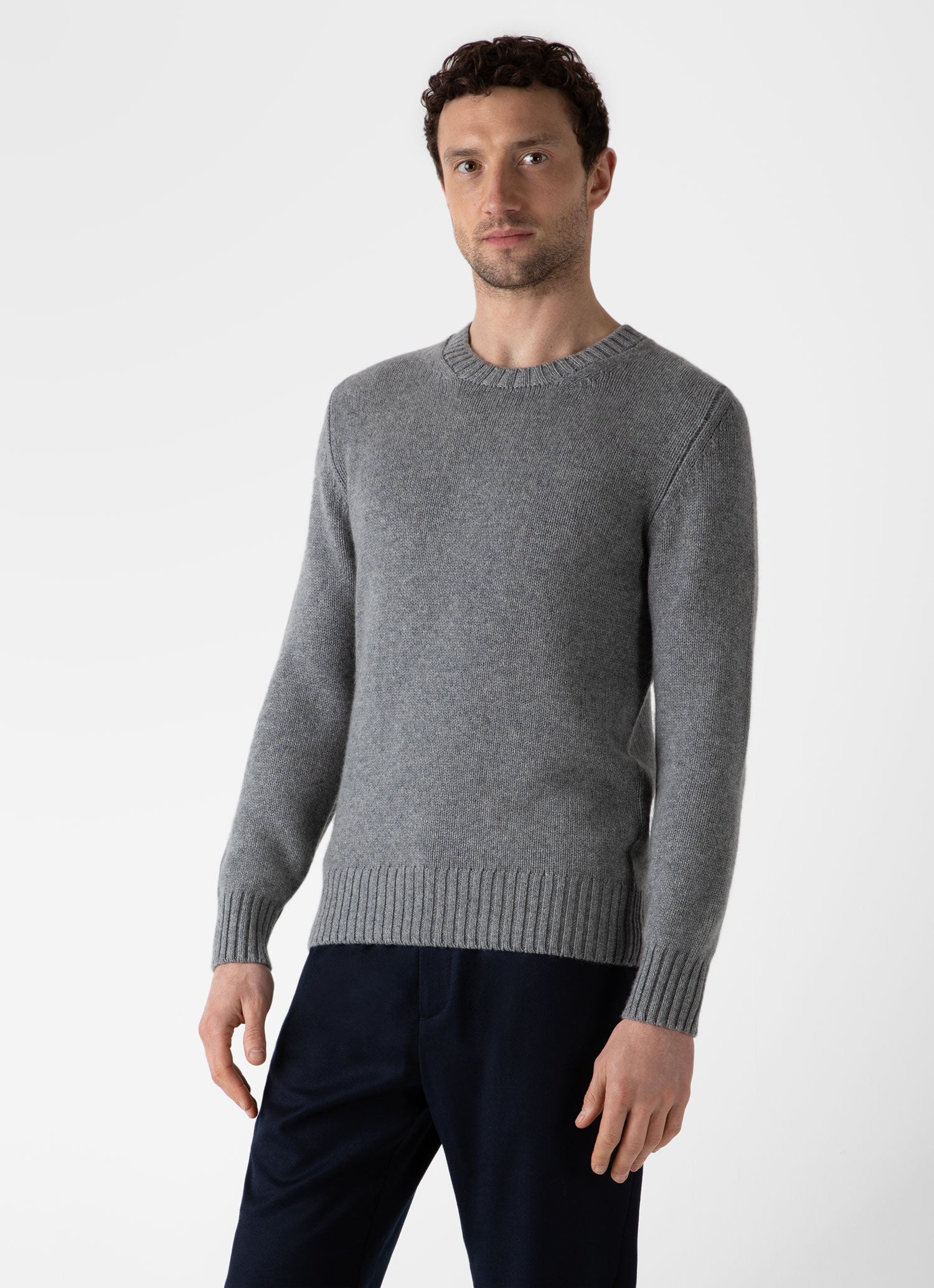 Men's Lambswool Crew Neck Jumper in Mid Grey Melange | Sunspel