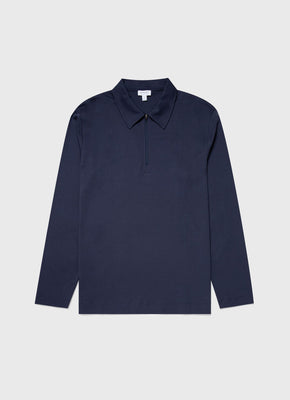 Navy Long Sleeve Polo Shirt in Californian Supima Stretch Cotton