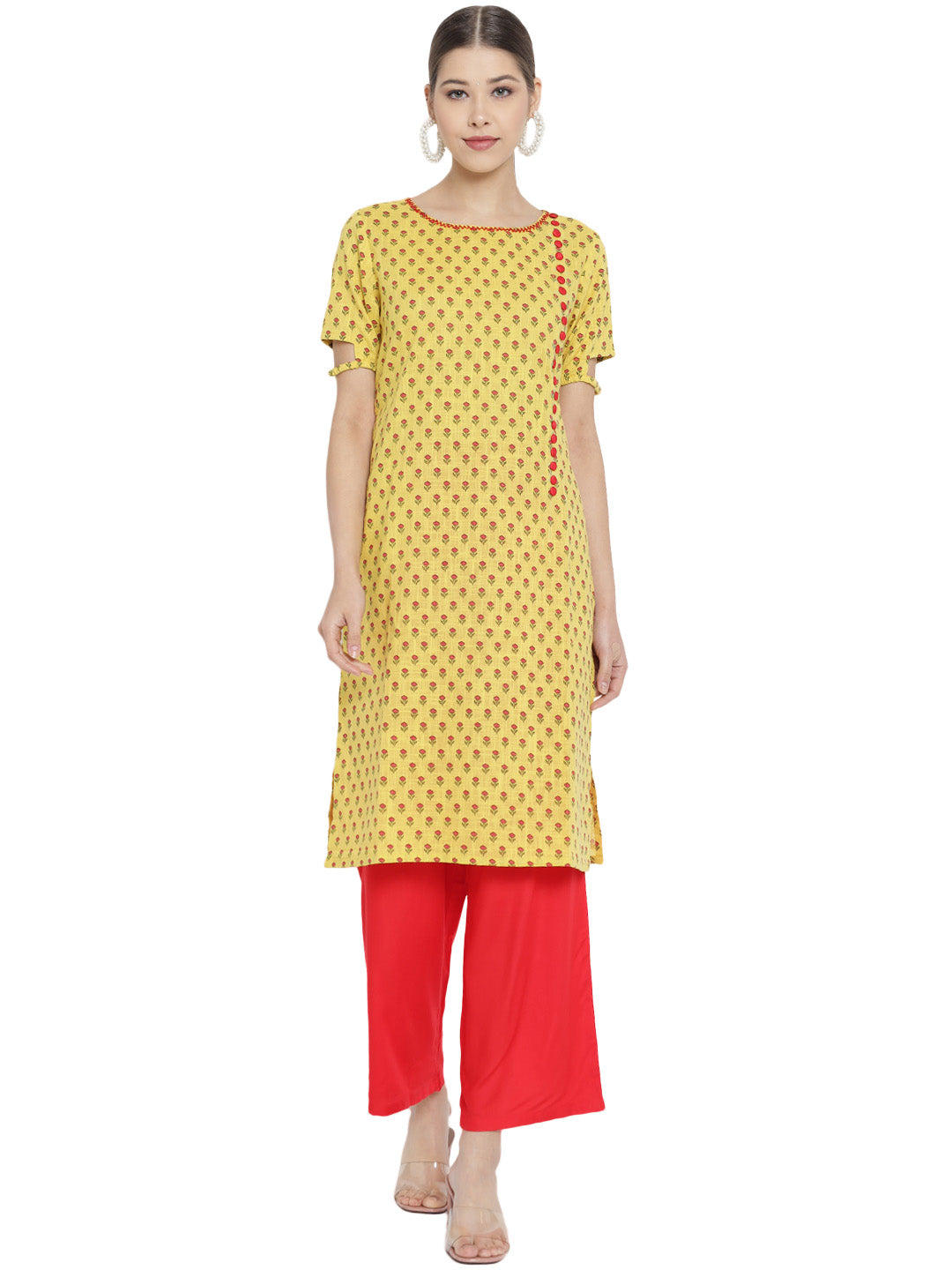 Yash Gallery Women's Cotton & Rayon Floral Print Straight Kurta Palazzo Set (Yellow & Red)