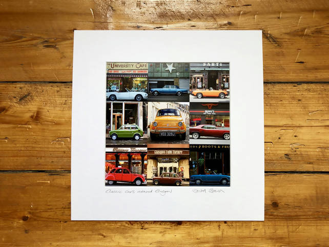 ‘Classic Cars around Glasgow’ signed square mounted print 30 x 30cm