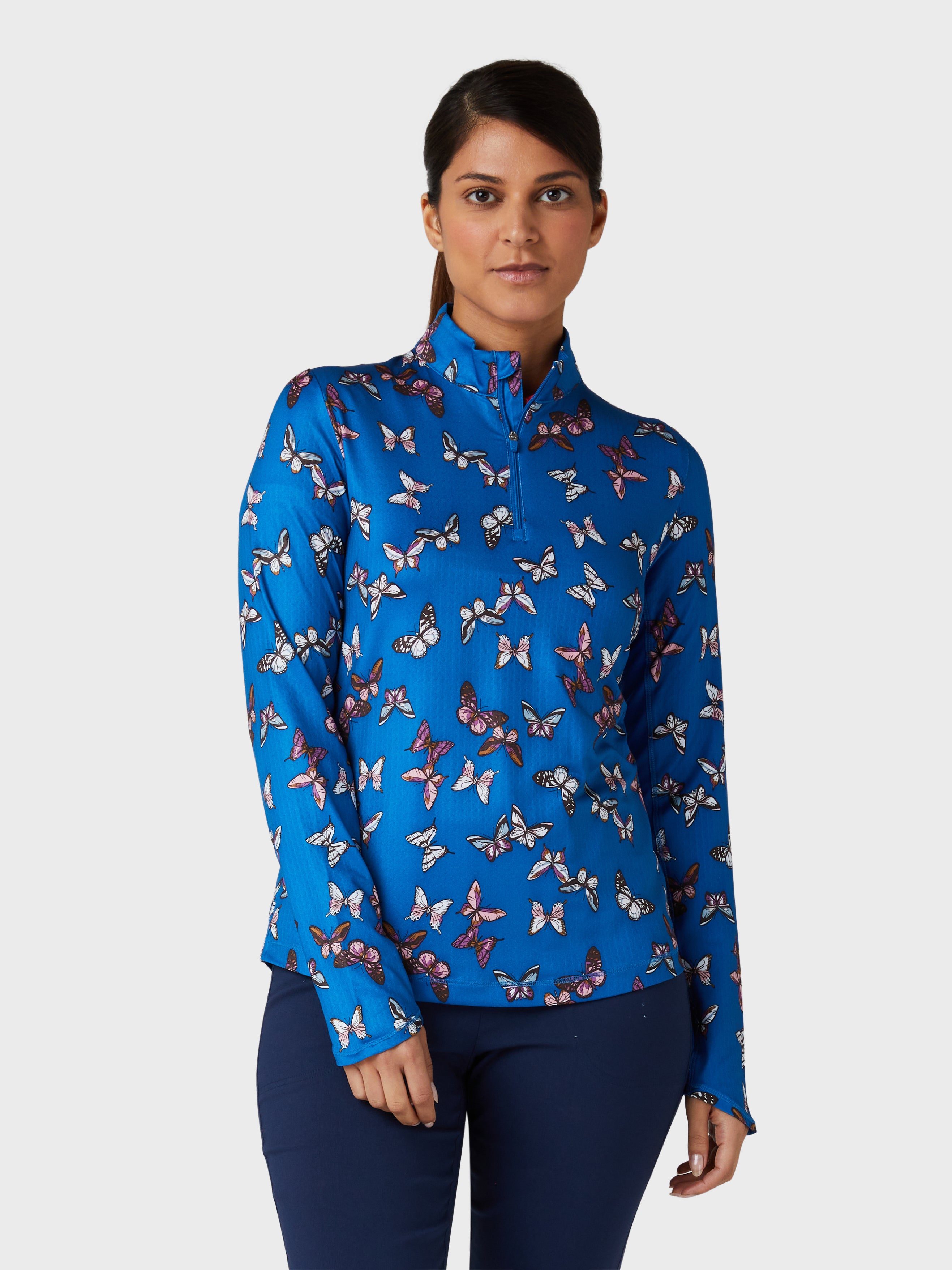 View Butterfly Printed Sun Protection 14 Zip Womens Top In Baleine Blue Baleine Blue XS information