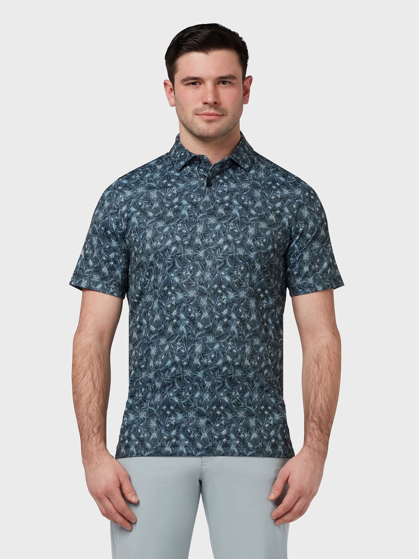 View All Over Floral Outline Print Polo In Caviar information