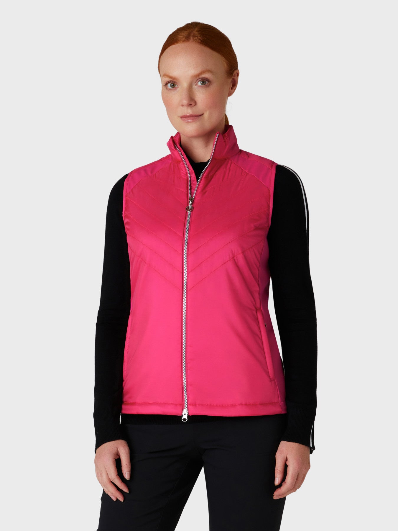 View Womens Chevron Quilted Sleeveless Golf Vest In Pink Peacock information