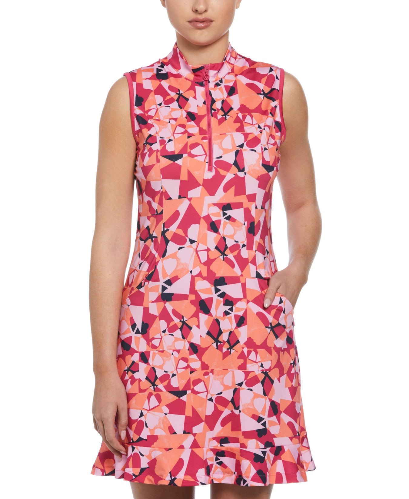 View Womens Geometric Floral Print Flounce Golf Dress In Pink Peacock information